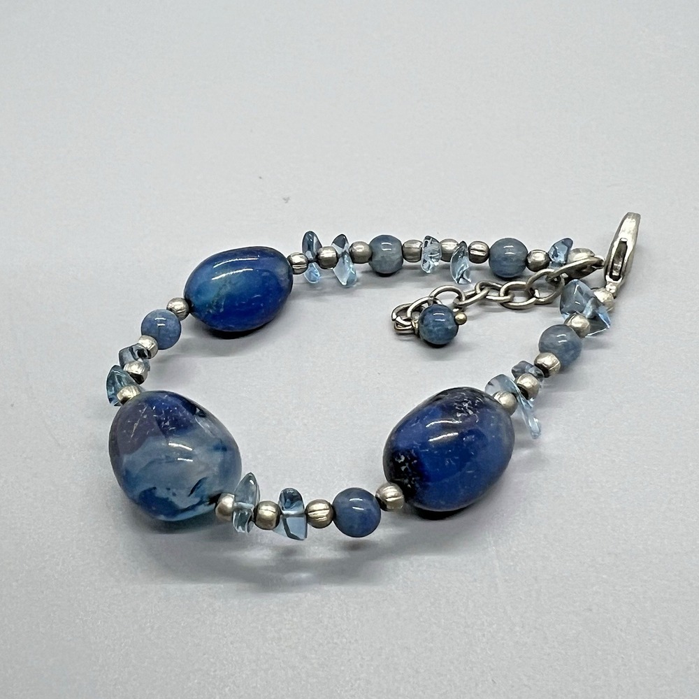 Artisan Blue‎ Glass Beads Chips Bracelet Women's Adjustable Silver Tone